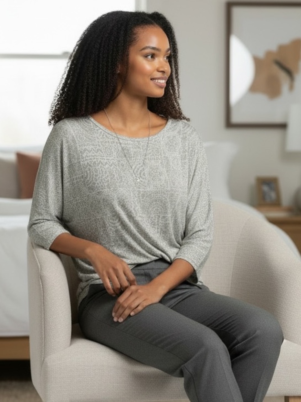 Chico's Women’s Silver and White 3/4 Sleeve Top with Shimmering Pattern